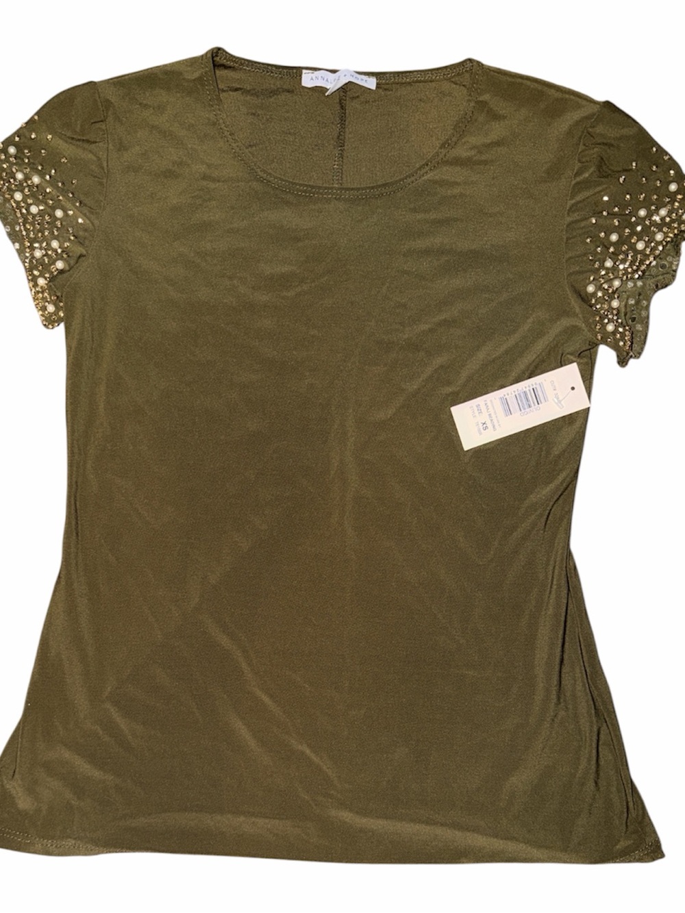 Annalee + Hope Olive Short-Sleeve Scoop Neck Top with Beaded Sleeves